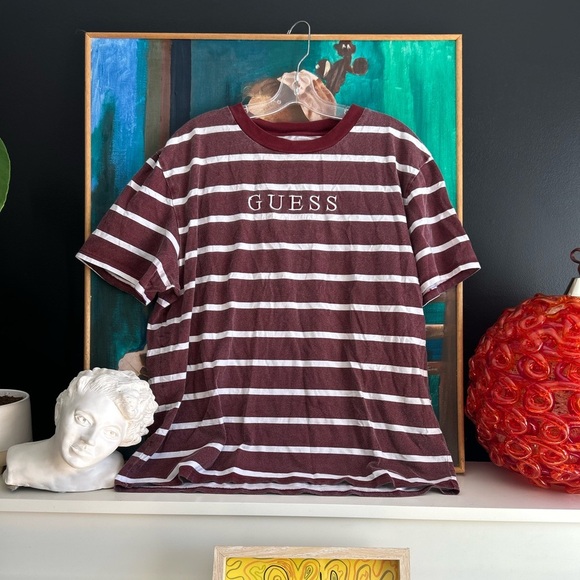 Vintage Guess LA burgundy and white Striped T-shirt - Picture 1 of 16